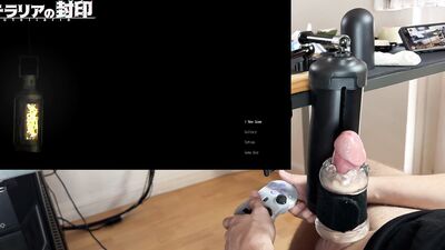 boy whimpers as synced game makes cock cum