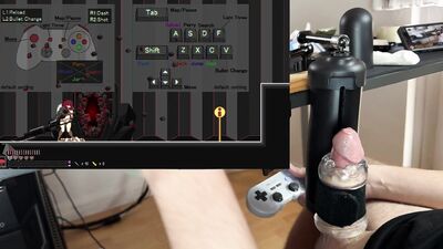 boy whimpers as synced game makes cock cum