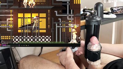boy whimpers as synced game makes cock cum