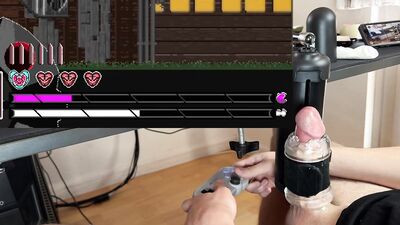 boy whimpers as synced game makes cock cum