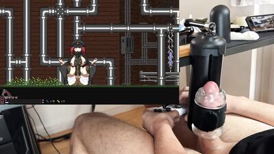 boy whimpers as synced game makes cock cum