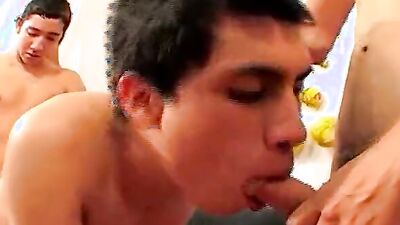 Hot twink gets gangbanged bareback