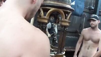 Watch this wild bareback gangbang with cum dumpsters in the middle of the woods