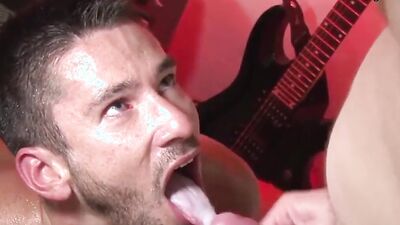 Muscular studs take turns dicking up and down a bald babe in a wild bareback party