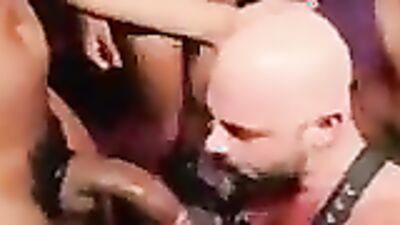 Interracial gangbang with bear, gangbanged by muscle guys in pig Week Orgy