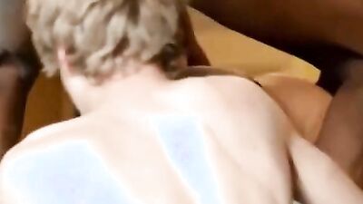 Two white boys take on a hung black stud in a wild DP bareback session