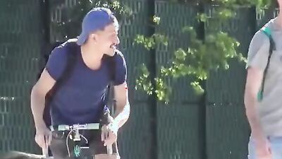 Watch these hot train guys take turns deepthroating and fucking in public