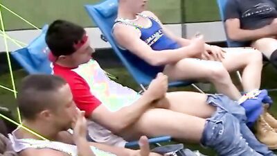 Wild party with multiple partners outdoors - public orgy