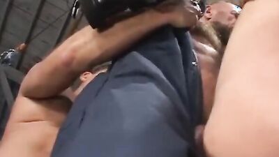 Wild group sex with three mature bear couples taking turns on a big cock