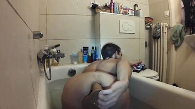 Phoenix1232's solo bath turns into rough anal sex with big dildo and ass play