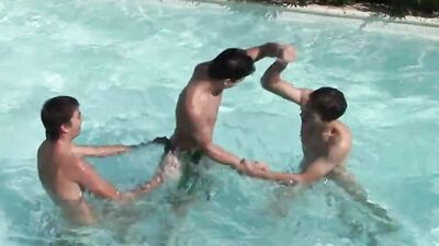 Watch as three hot guys take turns jerking off and cumming hard in a wild bareback threesome