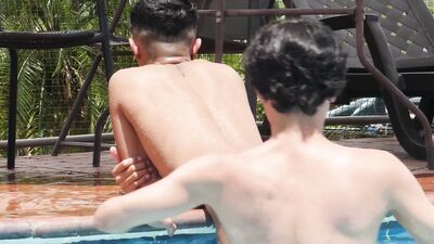 Latino boys bareback and take loads on their faces after swimming pool sex