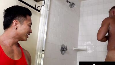Jkab Ethan Dale & brogan engage in steamy gym shower hookup with deepthroating, rimming & oral sex