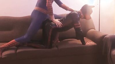 Spicy cosplay Spiderman bangs a kinky pup in hot latex action