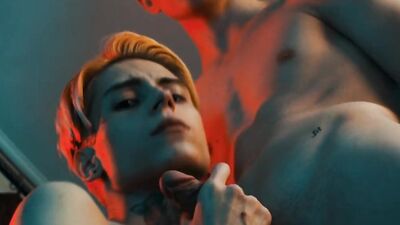 Skinny babe with tattoos gives a helping hand to friend's cumshot during Halloween party