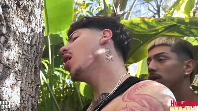 Santo Jorge & Eddy Blanco take turns fucking the butt of a hung Papi in a raw bareback breeding session!