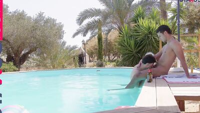 Pool boy loses his mind and takes on a massive cock in a hot game of bareback pool.