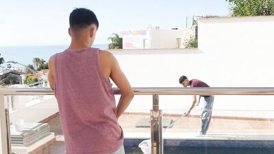 Watch as David's big cock ravishes a hot Latino pool boy's tight hole!
