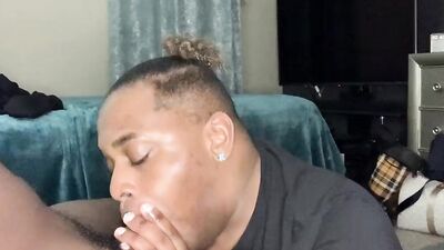Dallas, the chubby Dallas, gives a sloppy blowjob before taking a massive black cock