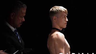 Felix Kamp trains blonde slave Noah White for rough bareback collaring