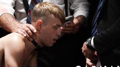 Watch as Felix Kamp's bareback strapon makes Noah White ready for a collared sub appraisal