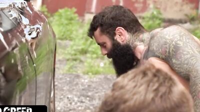 Big hairy brute fucks his sissy stepson on the backseat of that car