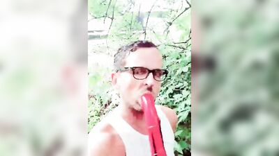 Amateur chap films himself while playing with a dildo in public