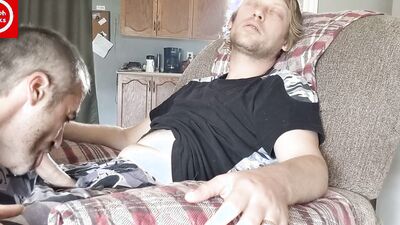 Blonde guy enjoys while roommate sucks his rock-hard pecker