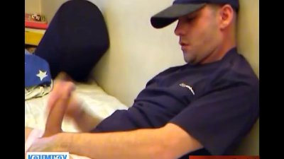 Horny guy pulls out his massive cock and strokes it quickly
