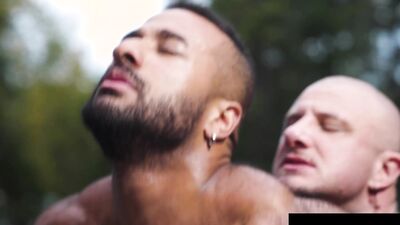 Watch this bearded stud crush a bodybuilder with his massive meat and deepthroat skills in Wet & Wild Deck Pounding!