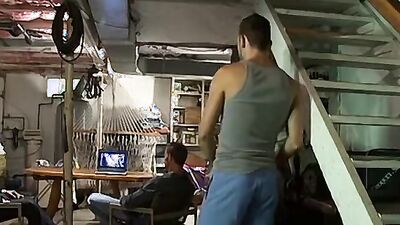 Watch as daddy and his friends jerk off before taking turns fucking in a shed