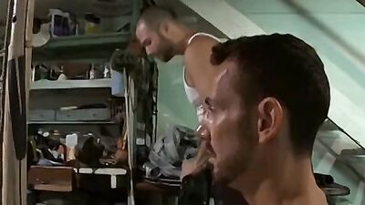 Watch as daddy and his friends jerk off before taking turns fucking in a shed