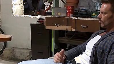 Watch as daddy and his friends jerk off before taking turns fucking in a shed