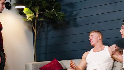 Alex Tanner & Jayden Marcos take turns pounding Ginger Muscle with raw fuck and spitroast