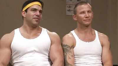 Brenn Wyson and Vince Ferelli dominate muscular tattooed janitor with BDSM anal and blowjob
