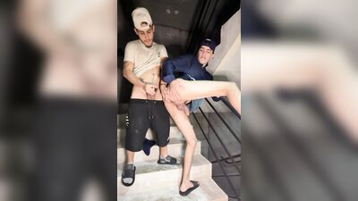 Juan VillaC, Luke Warrior, Juanesdadi, and Ryam Smith get their asses drilled hard on the stairs in public