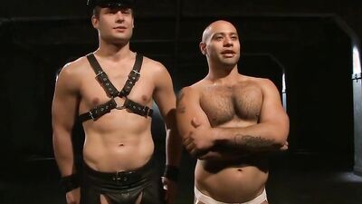 Watch Leo, Hayden, Van, and their hairy twinks take on a cocksucker in a BDSM gangbang