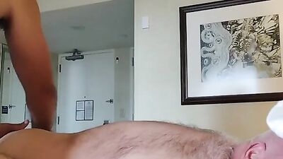 Watch Beardaddychub's bareback prostate massage and explosive cumshot on client's face